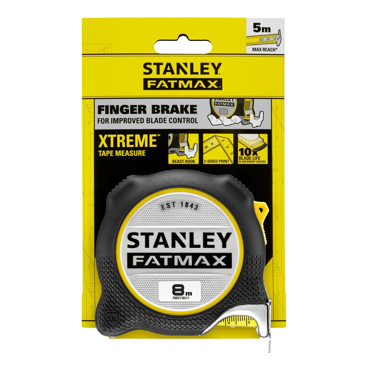 Stanley Bandmaß FATMAX Xtreme 8 m x 32 mm, BladeArmor 16 cm, Fingerbremse, beidseitig bedruckt