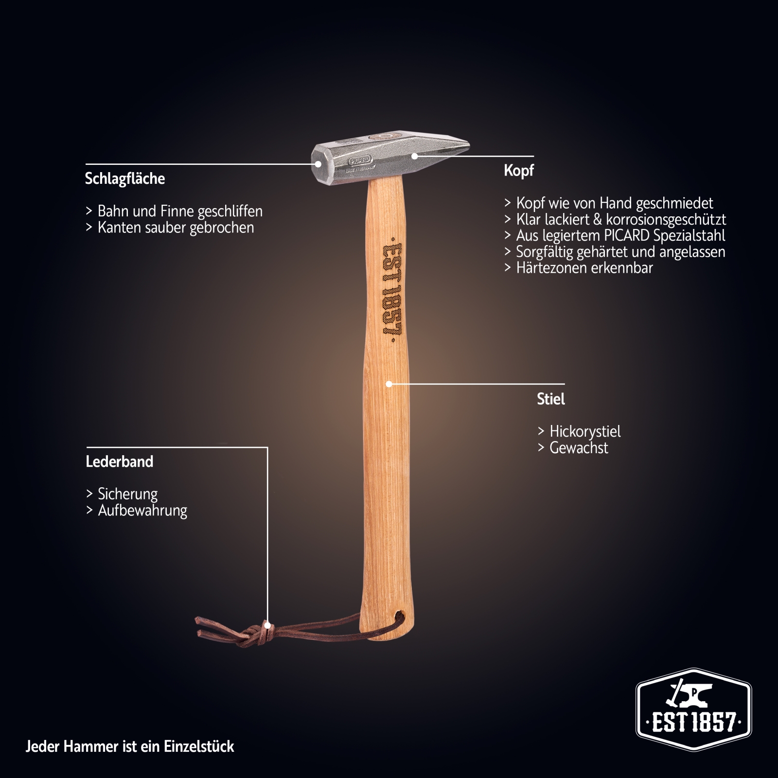 Picard Schlosserhammer EST 1857. 300 g. gewachster Hickorystiel. Lederschlaufe. in Geschenkverpackung