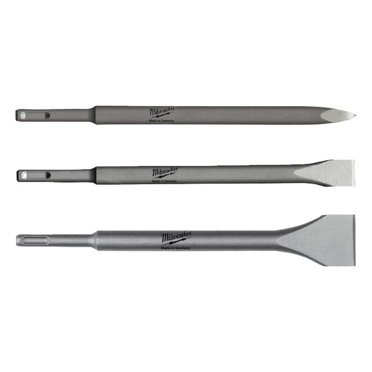 Milwaukee Meißelset SDS-Plus 3-teilig, Spitz-, Flach, Breitmeißel 250 mm - 1 Stk. Milwaukee Meißelset SDS-Plus 3-teilig, Spitz-, Flach, Breitmeißel 250 mm - 1 Stk.