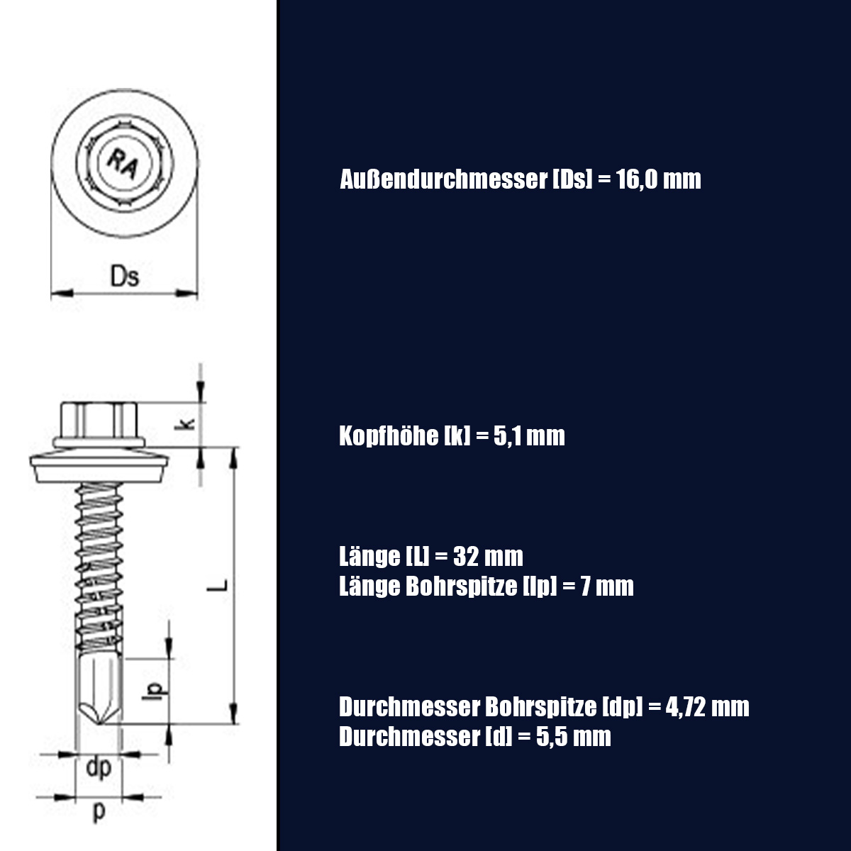 Reisser RP-K Bohrschraube Bimetall (Edelstahl A2/Stahl), Teilgewinde, SW8, 5,5x32 mm - 100 Stk.