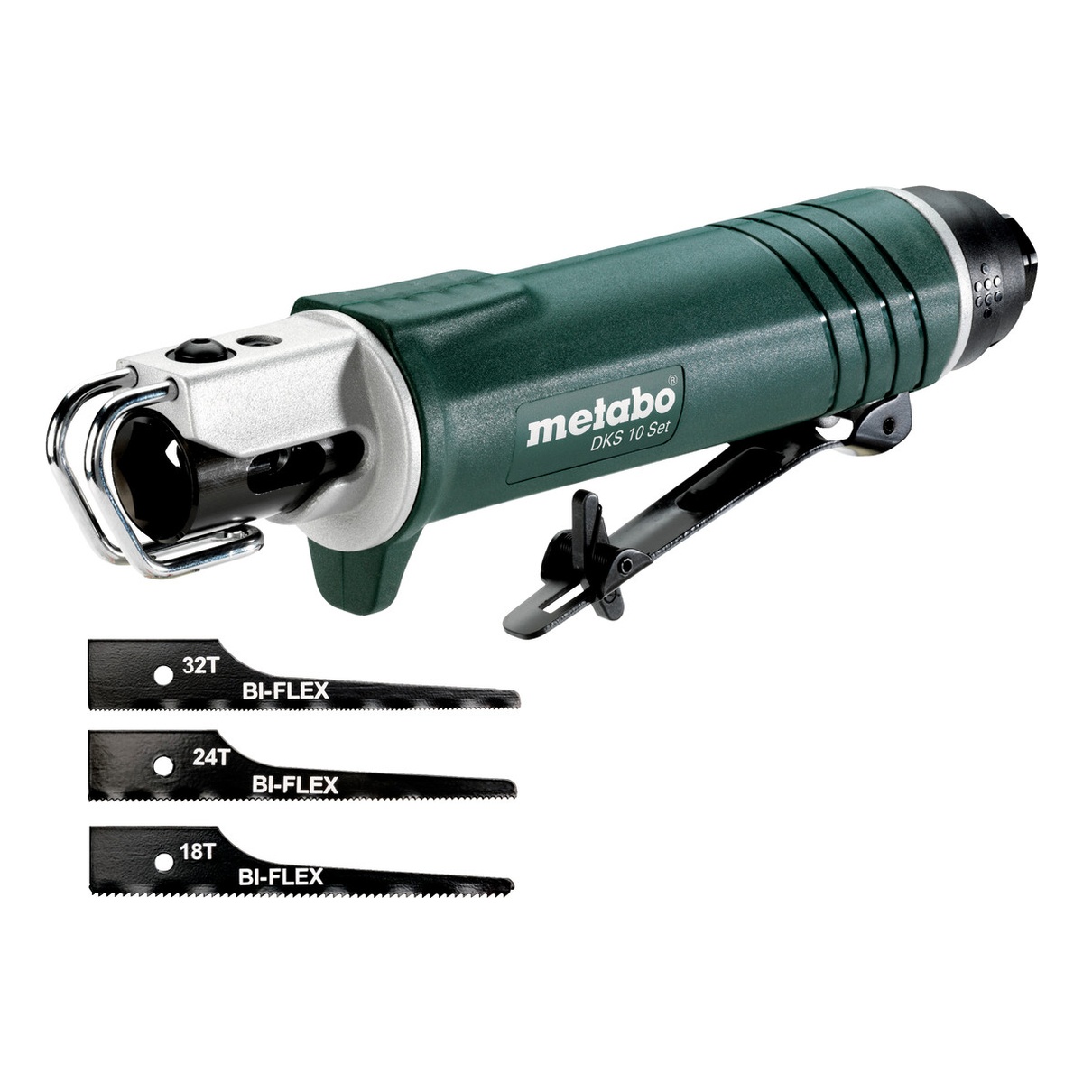 Metabo Druckluft-Karosseriesäge DKS 10 Set, 10 mm Hub, Stahl bis 3 mm, mit 15 Sägeblättern im Koffer