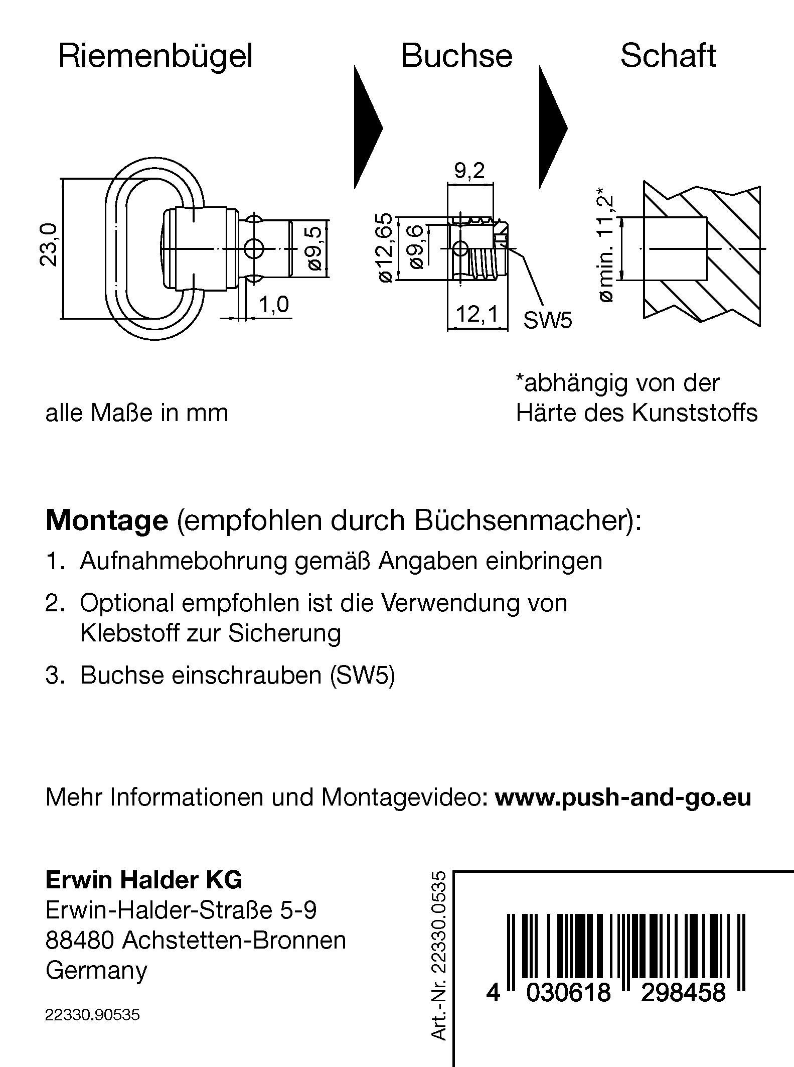 Halder 2 stk. 9,5 mm Buchse für Kunststoff, arretierbar