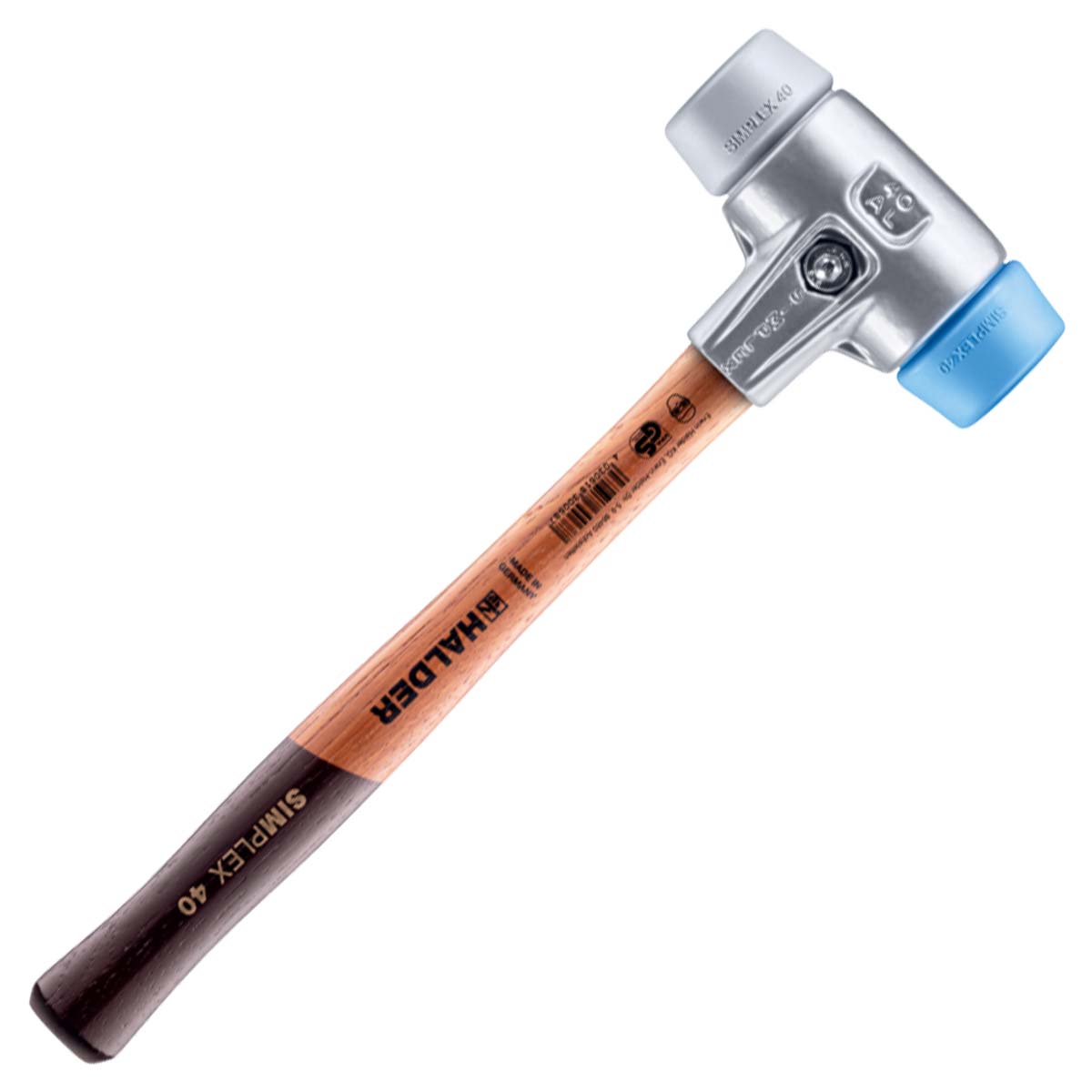 Halder Schonhammer SIMPLEX, 40 mm, TPE-soft blau / TPE-mid grau, Aluminiumgehäuse mit Holzstiel