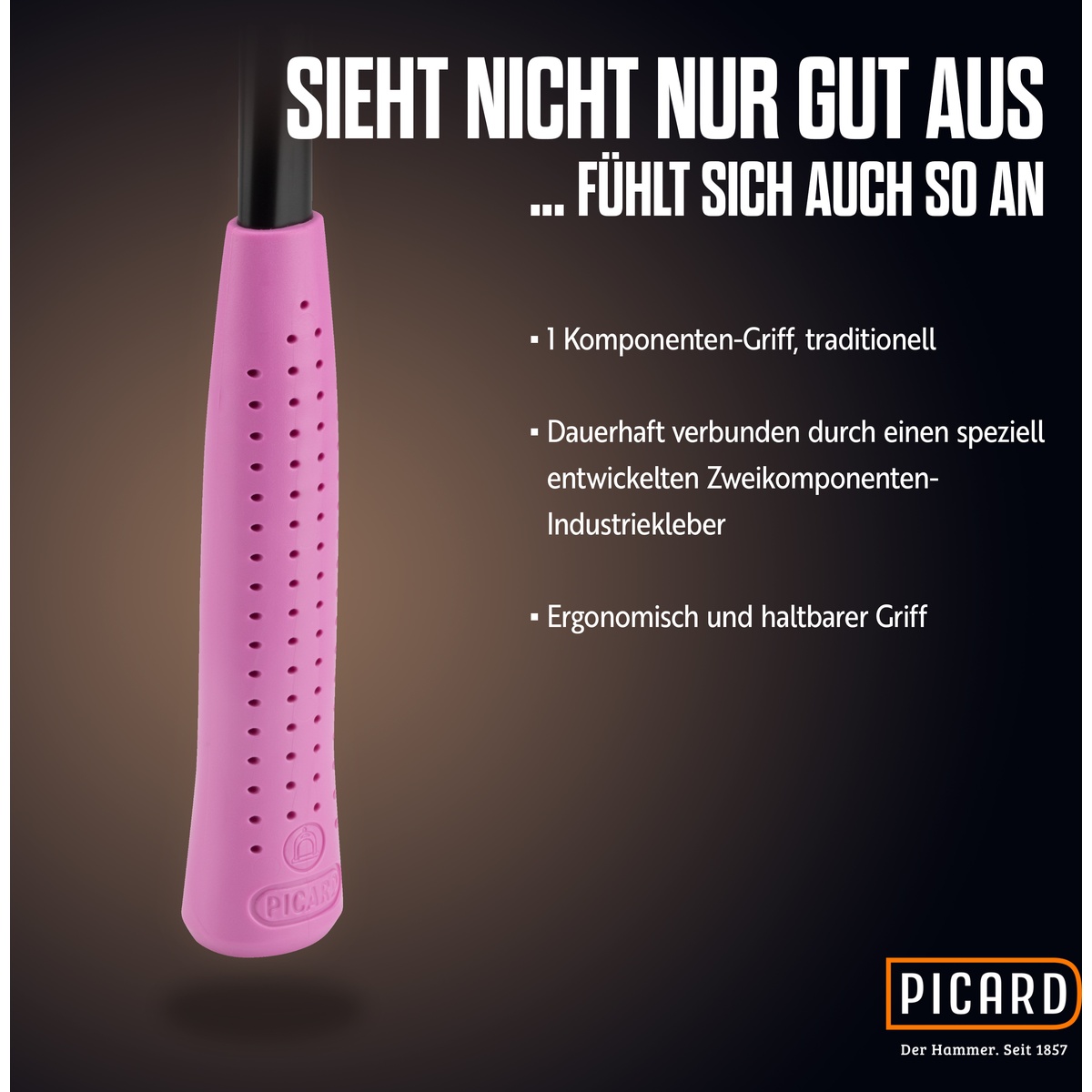 Picard Latthammer Nr. 626M Pink Edition, 600 g, geraute Bahn, Stahlrohrstiel, magnetischer Nagelhalter