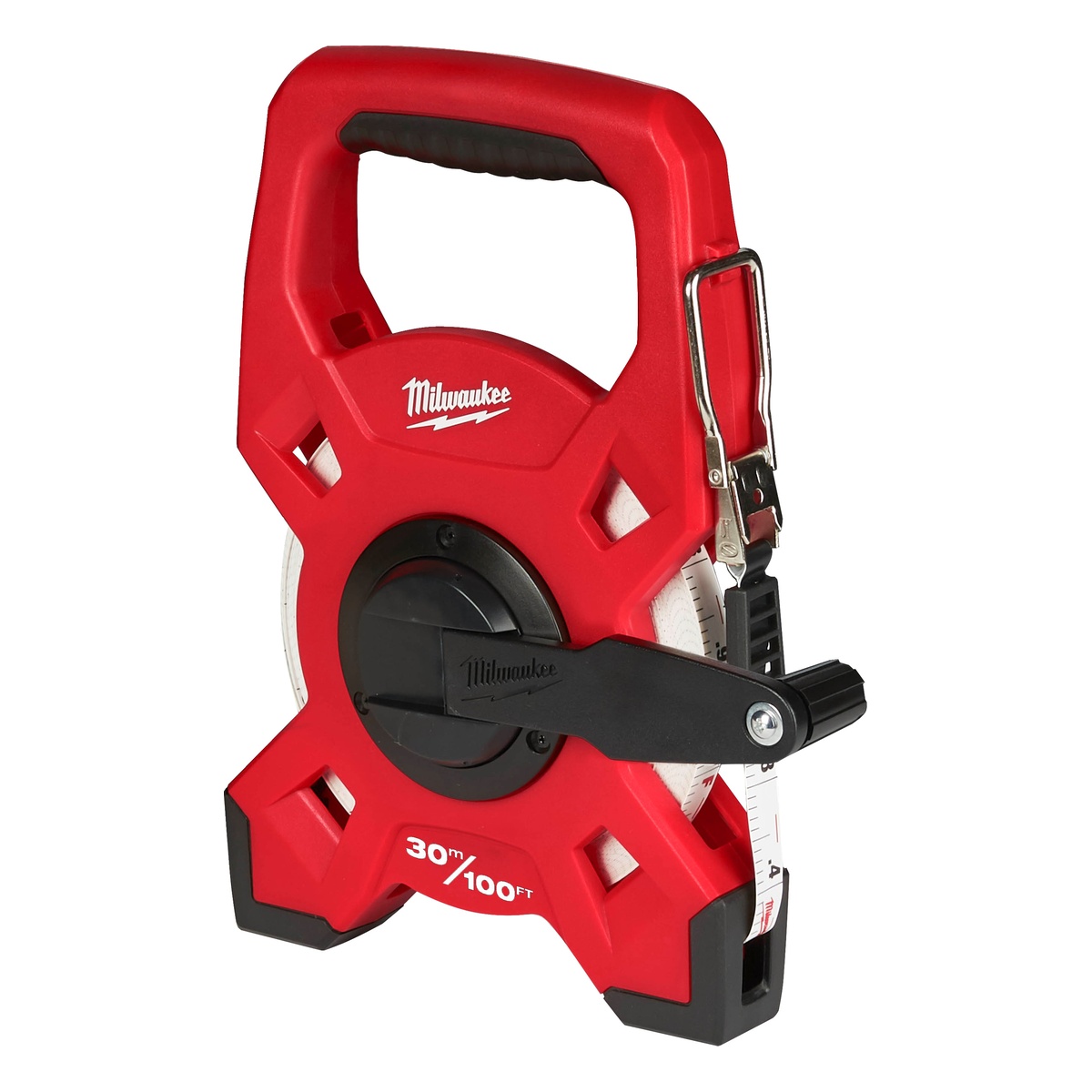 Milwaukee Rahmenbandmaß Fiberglas, 30 m / 100 ft, 13 mm Bandbreite, 3:1-Aufwicklung, GRIME GUARD Schmutzabstreifer