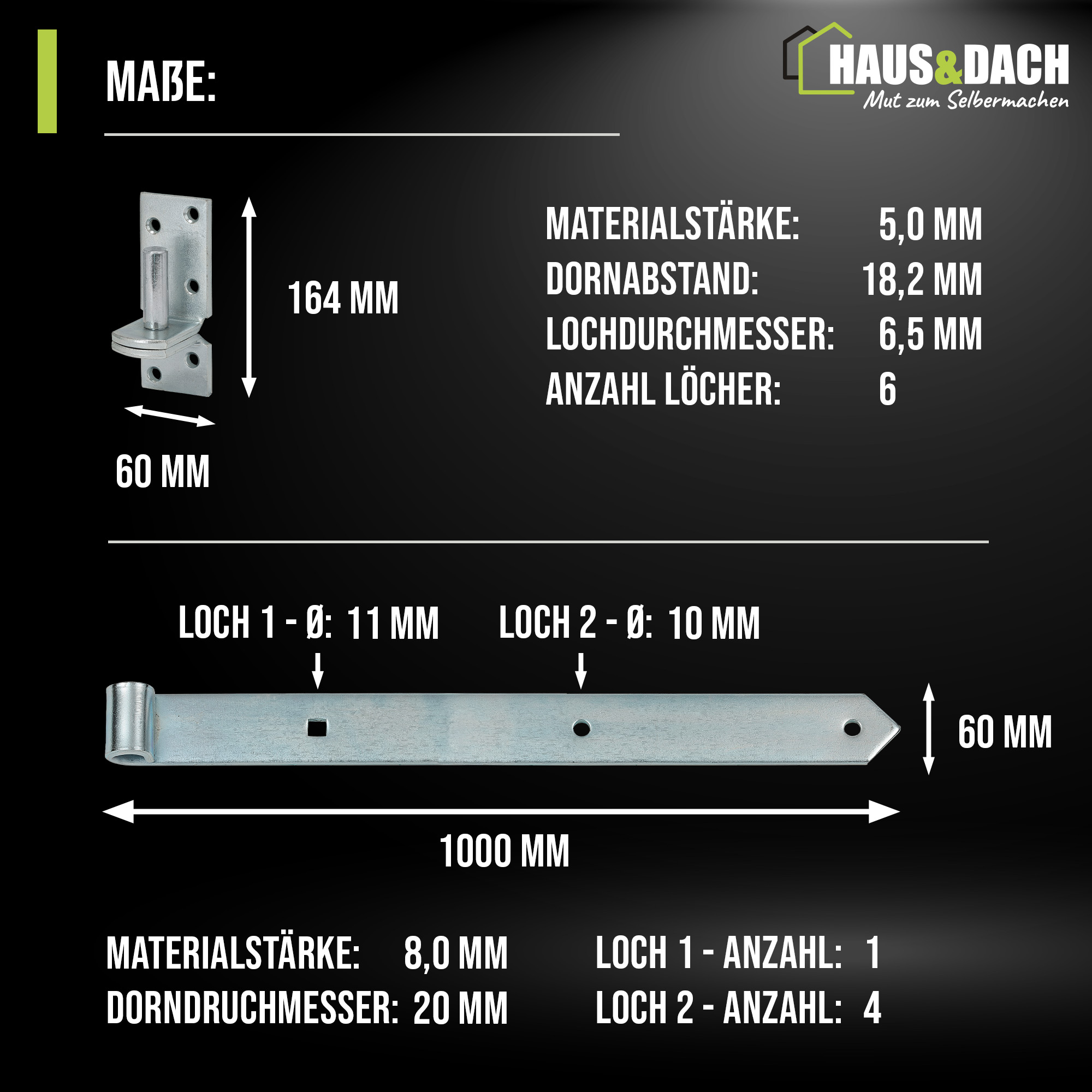HAUS&DACH Ladenband Set 1000 mm blau verzinkt - Torband / Türband für Gartentor & Holztor inkl. Kloben zum Anschrauben Ø 20 mm eng