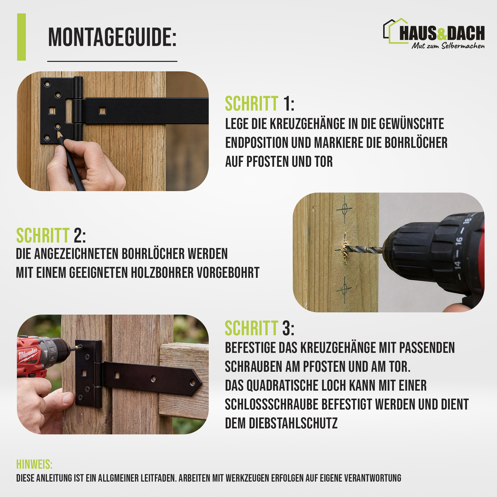 HAUS&DACH Kreuzgehänge Set 500 mm schwarz verzinkt - schweres Torband / Türband für Gartentor & Holztor
