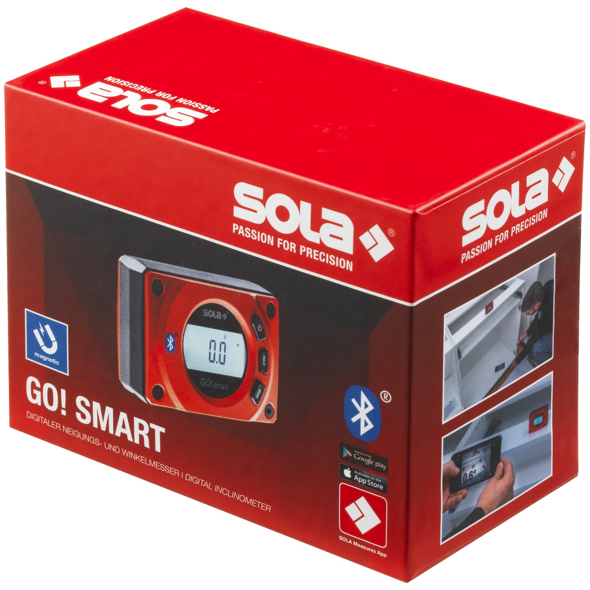 Sola Digitaler Neigungs- und Winkelmesser GO! SMART, 8 cm, Magnet mit V-Nut, Bluetooth, IP52