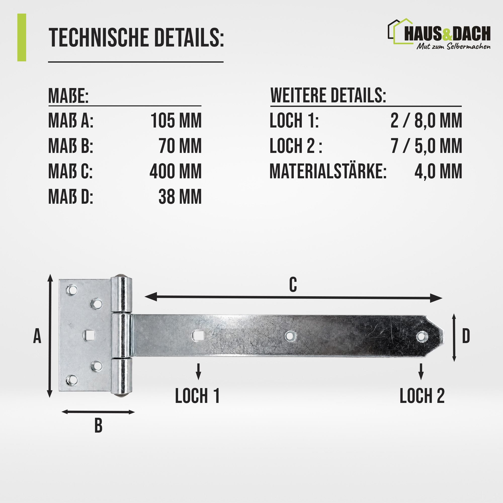 HAUS&DACH Kreuzgehänge Set 400 mm verzinkt - schweres Torband / Türband für Gartentor & Holztor