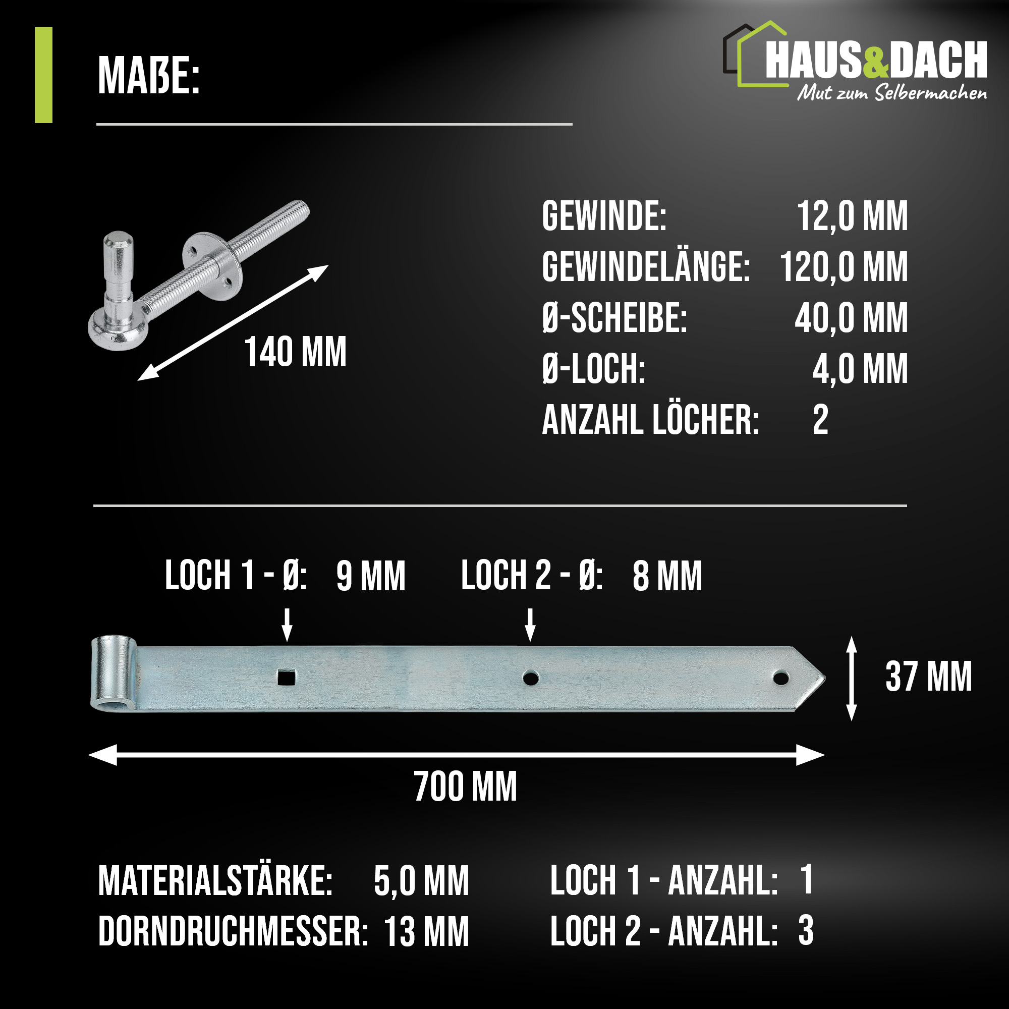 HAUS&DACH Ladenband Set 700 mm blau verzinkt - Torband / Türband für Gartentor & Holztor inkl. Kloben zum Durchschrauben Ø 13 mm