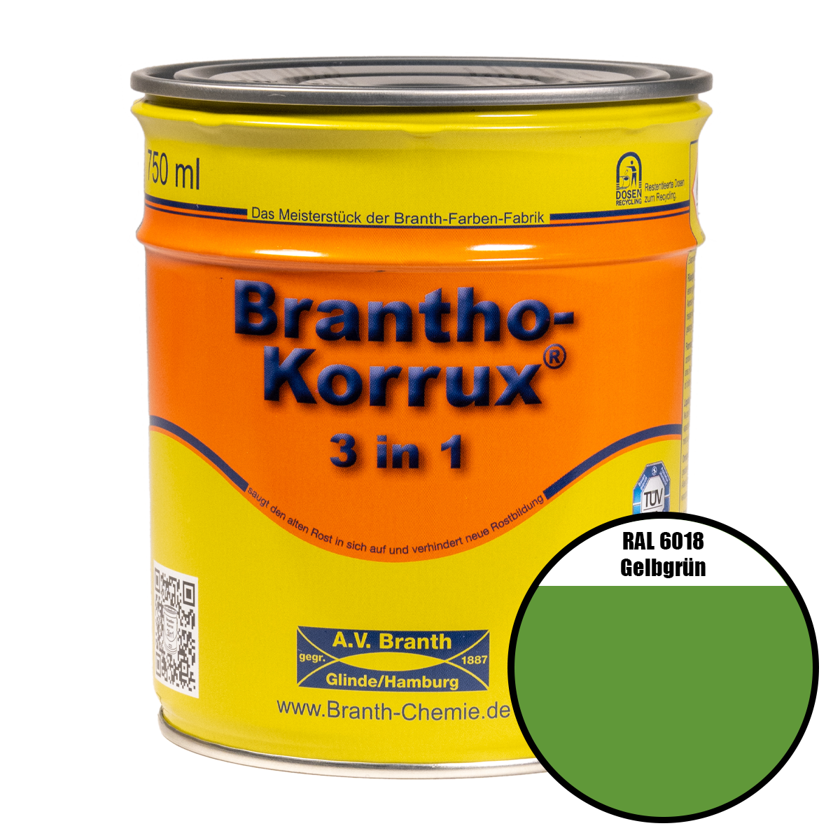 Brantho- Korrux "3 in 1" Metallschutzfarbe RAL 6018 gelbgrün 0,75 l Brantho- Korrux "3 in 1" Metallschutzfarbe RAL 6018 gelbgrün 0,75 l
