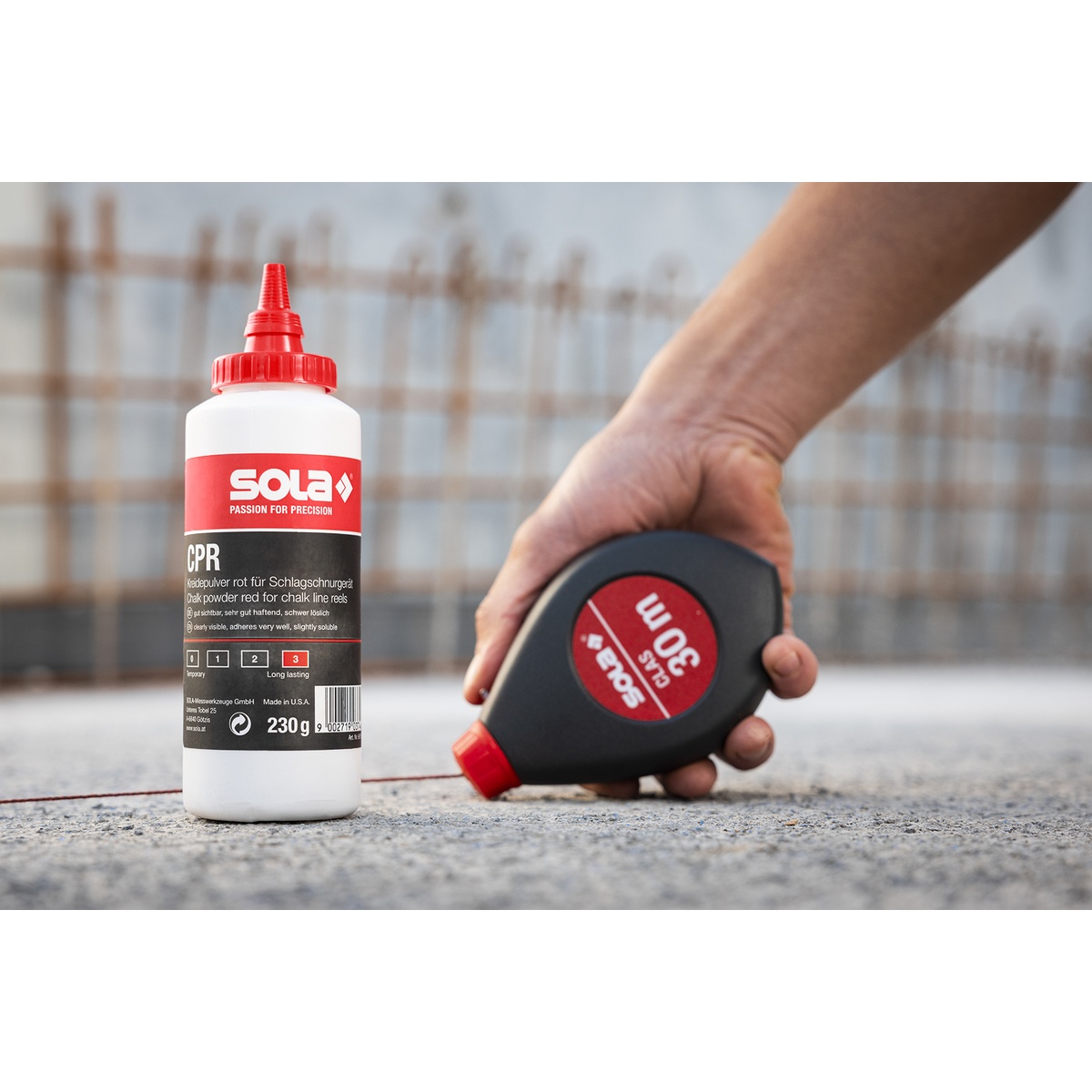 Sola Schlagschnur-Set CLAS mit 230 g Kreidepulver rot, 30 m, Aluminium-Druckguss, Getriebe 6:1