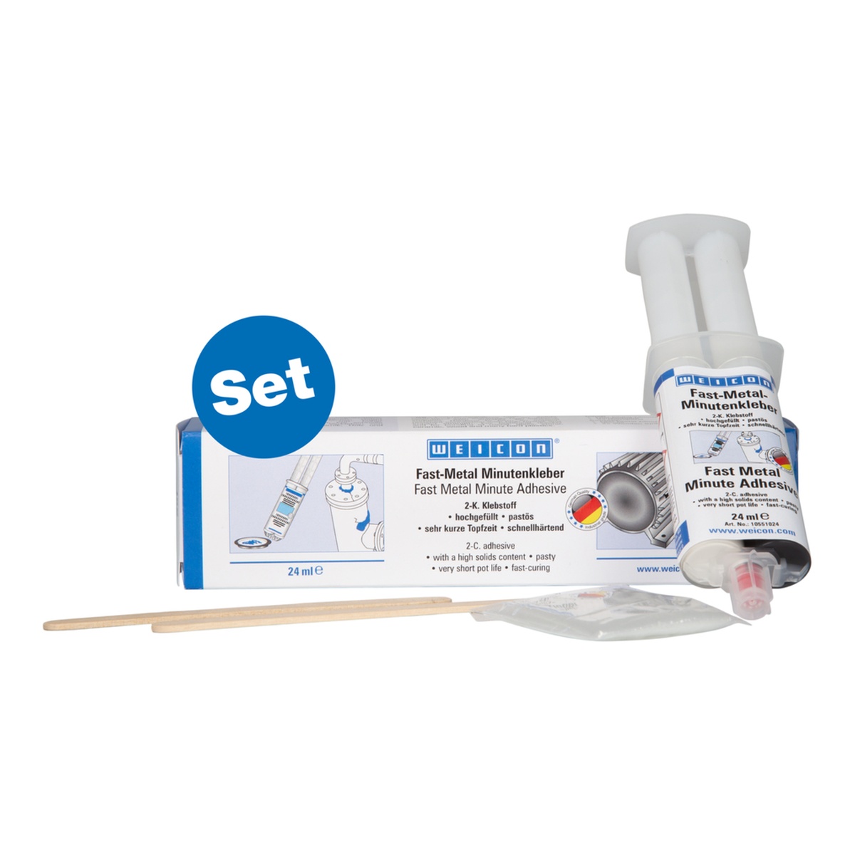 WEICON Fast-Metal Minutenkleber 2-K Epoxid 24 ml Set mit Mischdüse, grau