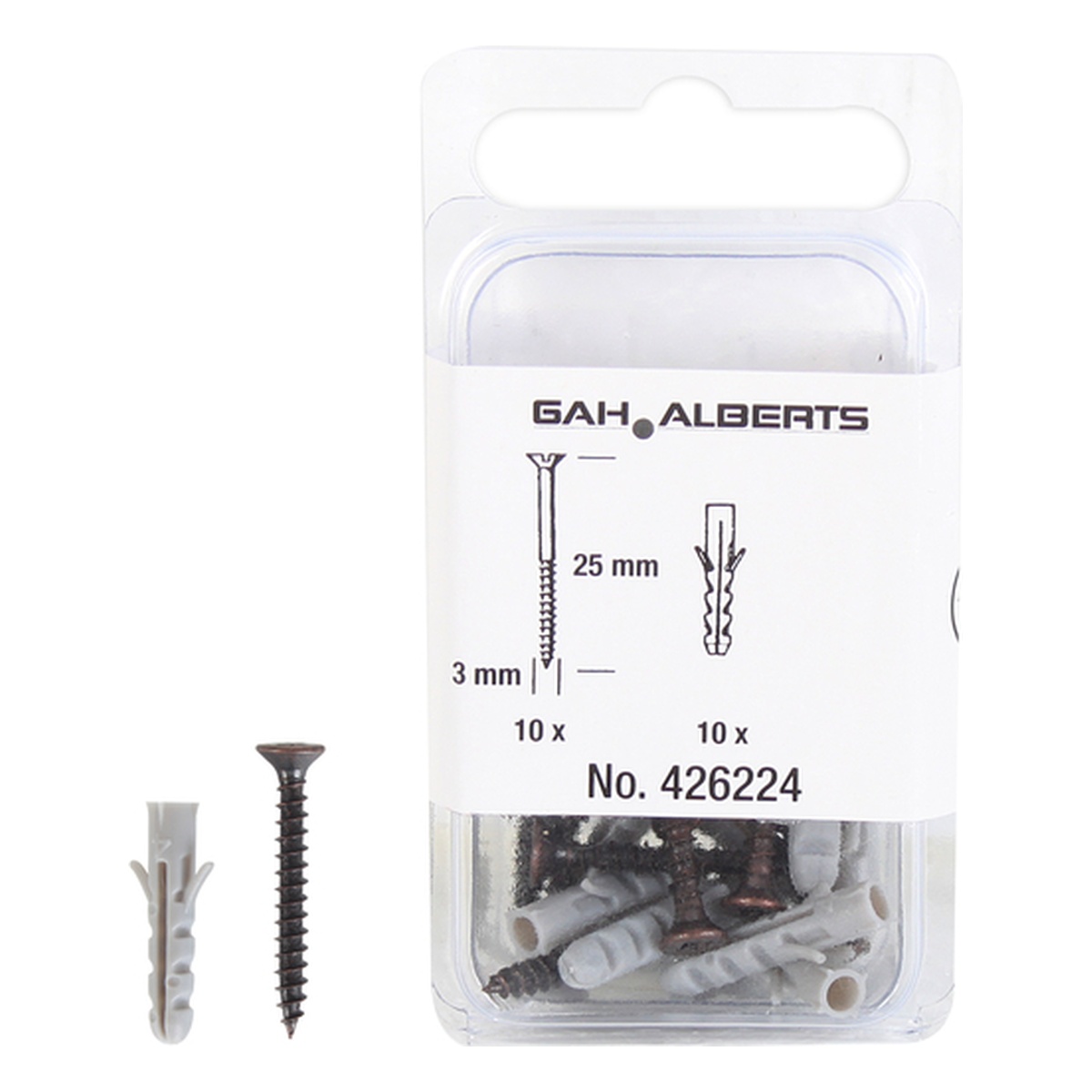 Alberts Schrauben- und Dübel-Set, 3 x 25 x 3 mm, Stahl roh, brüniert - 10 Stk.