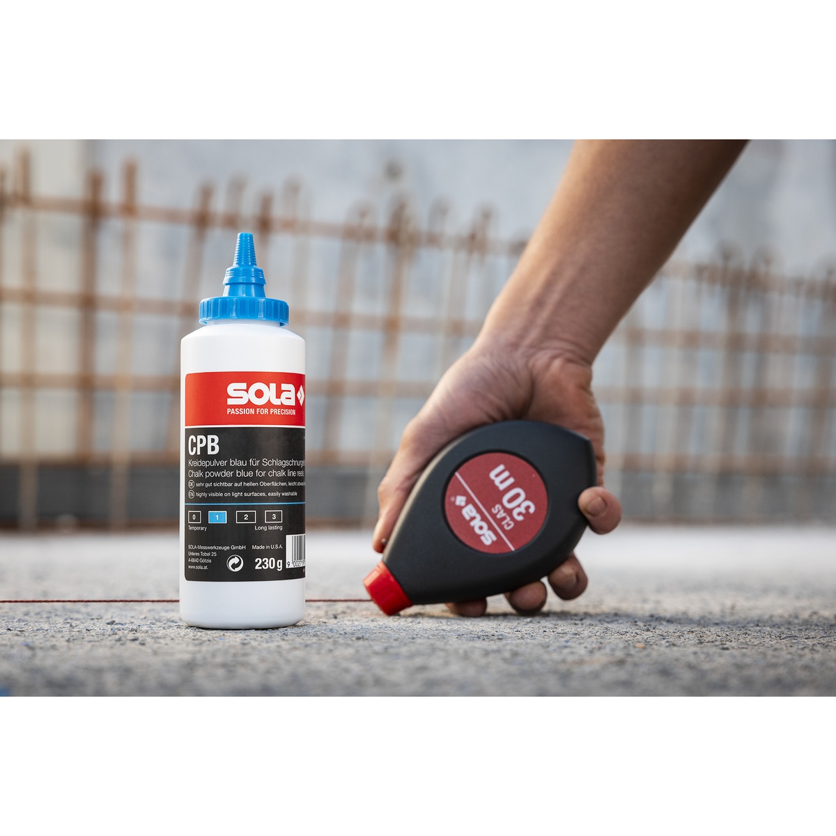 Sola Schlagschnur-Set CLAS mit 230 g Kreidepulver blau, 30 m, Aluminium-Druckguss, Getriebe 6:1