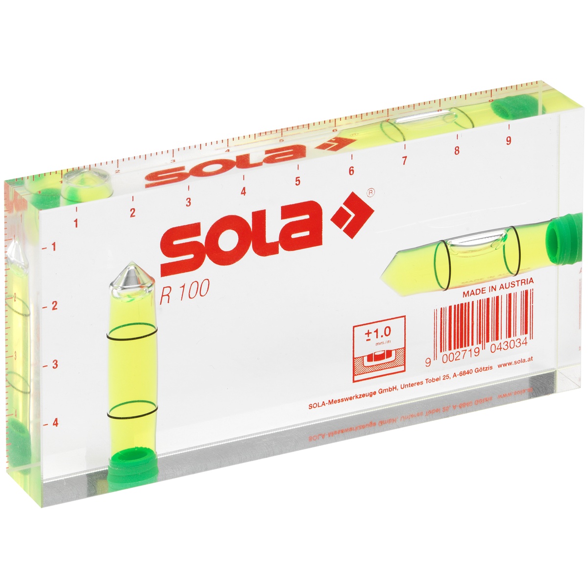 Sola Kompakt-Wasserwaage R 100, 100 x 50 x 15 mm, Acrylglas transparent, elektrisch nicht leitend