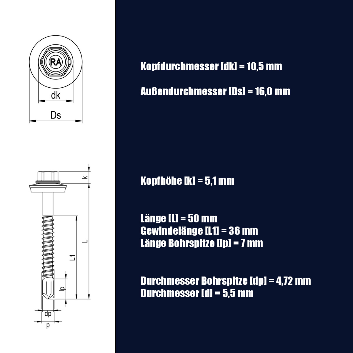 Reisser RP-K Bohrschraube Bimetall (Edelstahl A2/Stahl), Teilgewinde, SW8, 5,5x50 mm - 100 Stk.