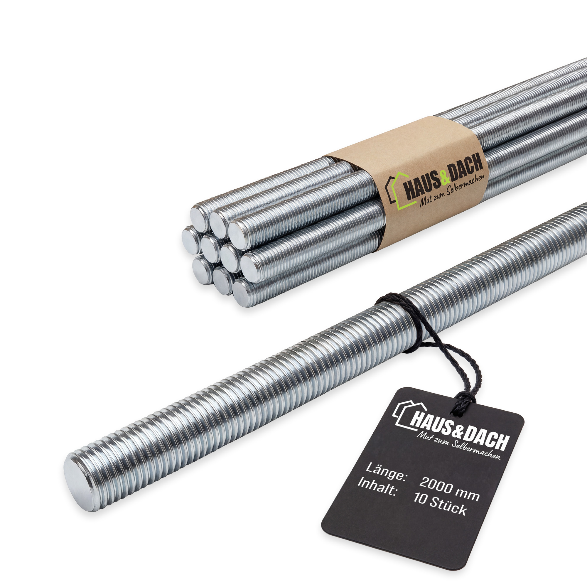 HAUS&DACH Gewindestange M10x2000 mm DIN 975 - Gewindestab für Montage, Bau & Befestigung, Stahl galvanisch verzinkt - 10 Stk.