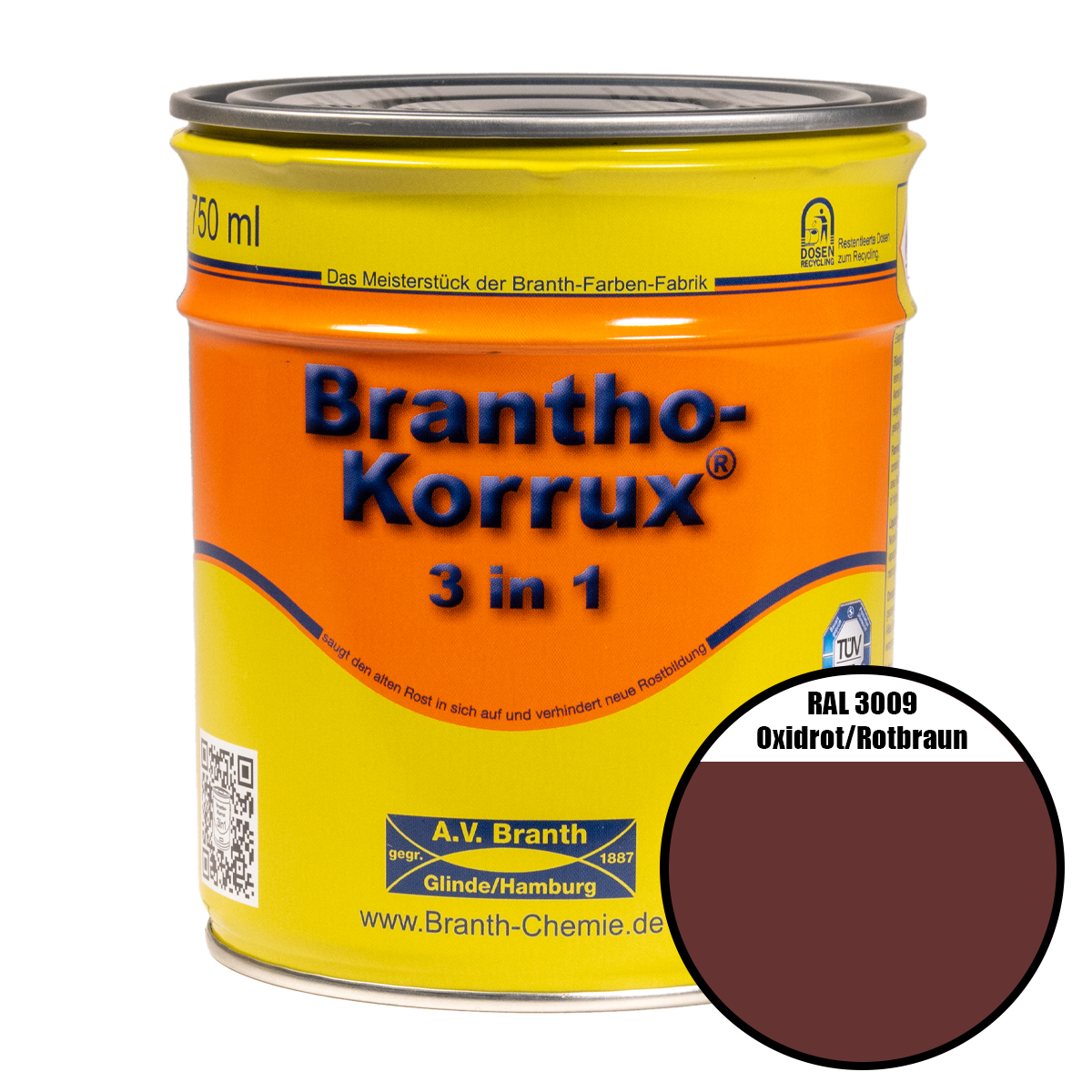 Brantho- Korrux "3 in 1" Metallschutzfarbe RAL 3009 oxidrot/rotbraun 0,75 l Brantho- Korrux "3 in 1" Metallschutzfarbe RAL 3009 oxidrot/rotbraun 0,75 l