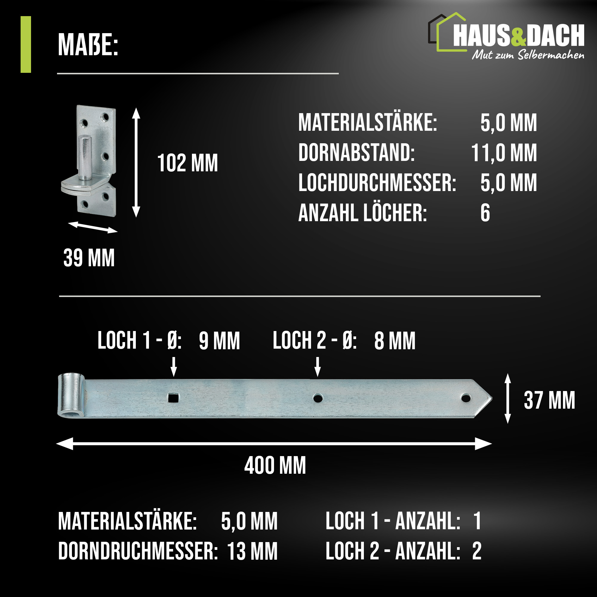 HAUS&DACH Ladenband Set 400 mm blau verzinkt - Torband / Türband für Gartentor & Holztor inkl. Kloben zum Anschrauben Ø 13 mm eng