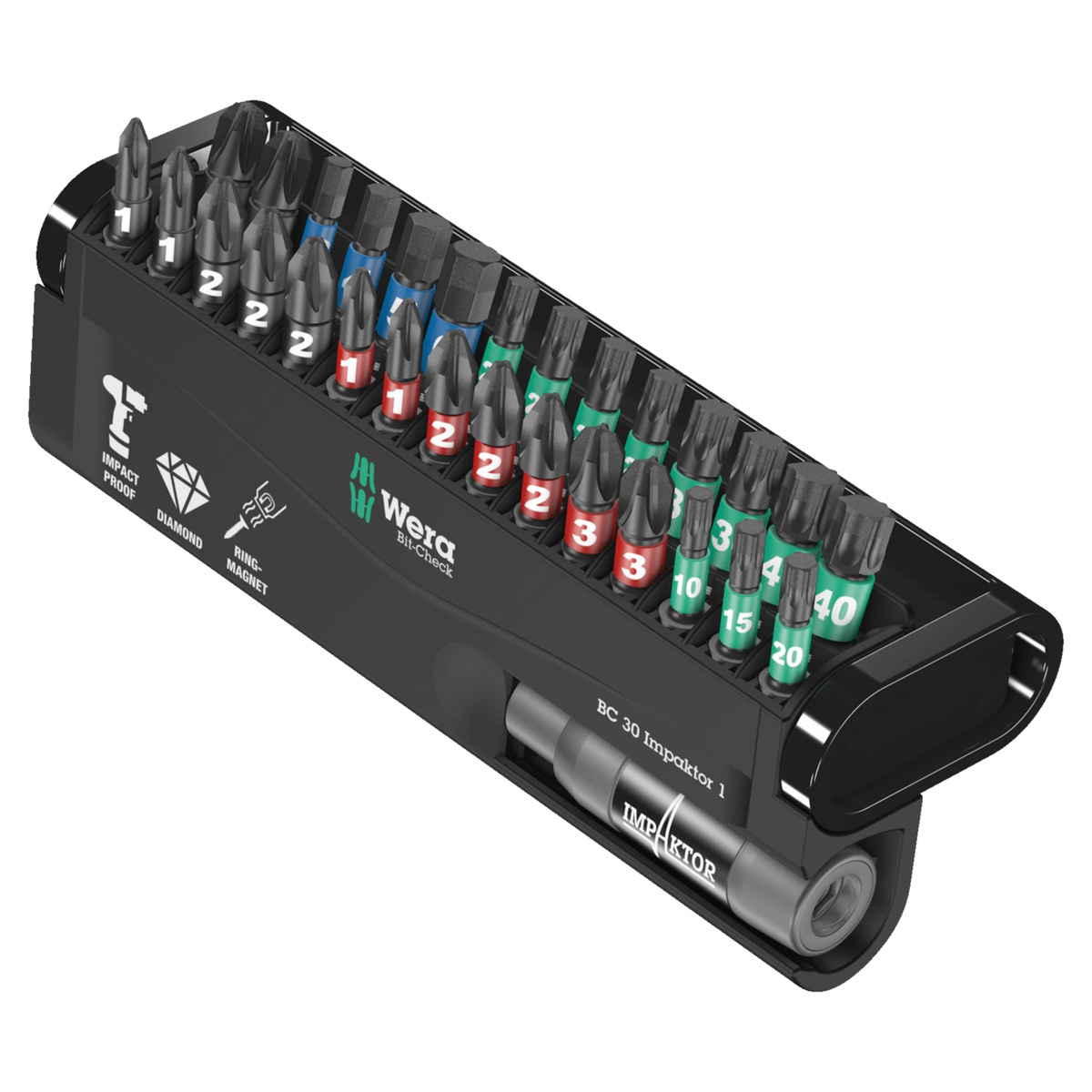 Wera Bit-Set Bit-Check 30 Impaktor 1, 30-teilig, PH, PZ, TX und Innensechskant x 25 mm, mit Ringmagnet-Halter