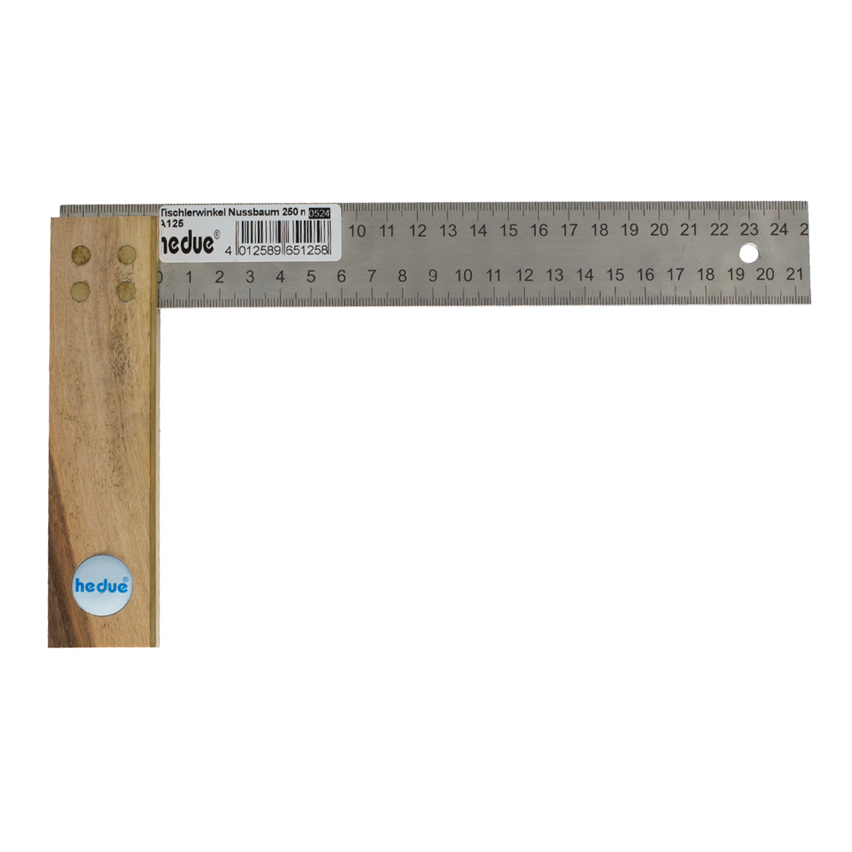 hedue Tischlerwinkel Nussbaum 250 mm, Edelstahlblatt 35 mm, kalibriert 0,06°, Messingbeschlag