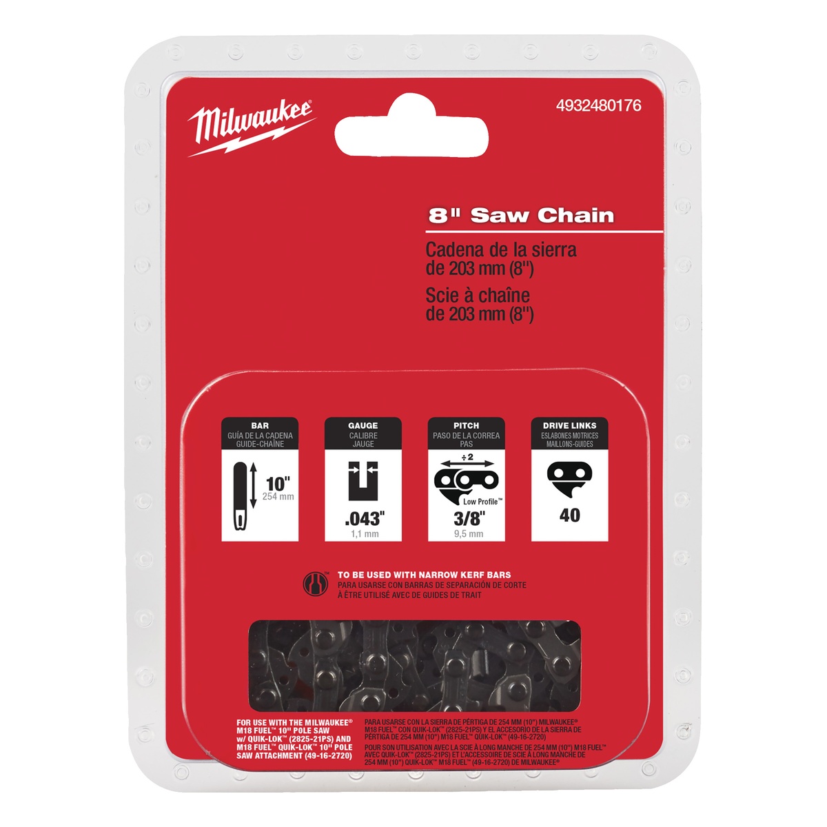 Milwaukee Sägekette 3/8 Zoll, 1,1 mm, 33 Treibglieder, für 20 cm Schwert, passend für M18 FHS20