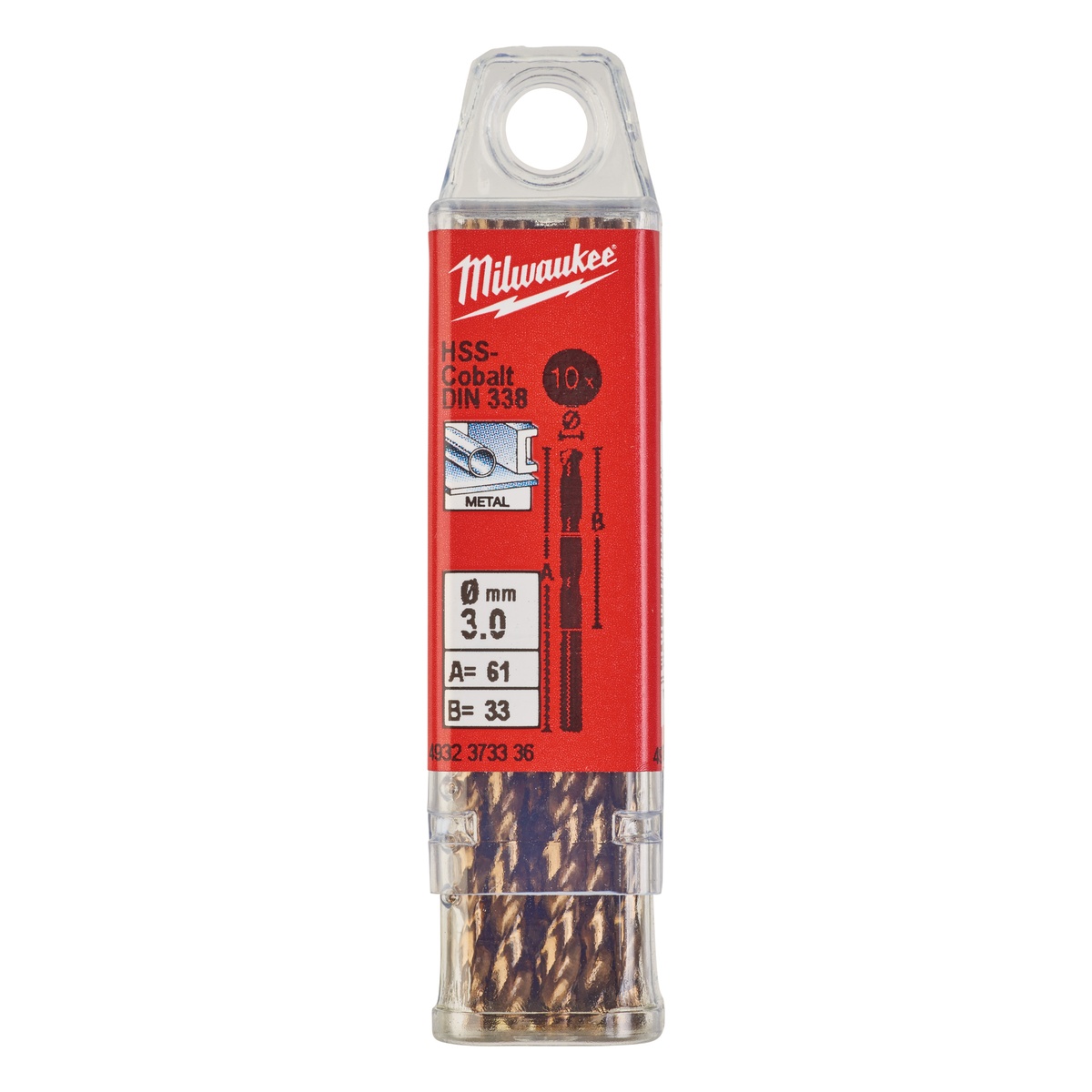 Milwaukee HSS-G RED COBALT Metallbohrer DIN 338 3,0 x 61 mm, HSS-G Co - 10 Stk.