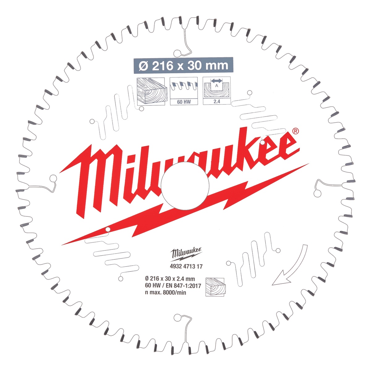 Milwaukee Sägeblatt Holz für Kapp- und Gehrungssägen 216/30 mm Z60 Wechselzahn negativ - 1 Stk.