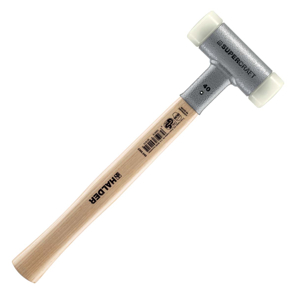 Halder Schonhammer SUPERCRAFT rückschlagfrei, 40 mm, Nylon weiß, Hickorystiel