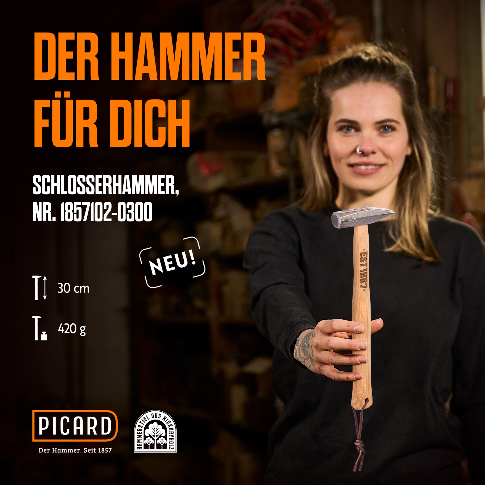 Picard Schlosserhammer EST 1857. 300 g. gewachster Hickorystiel. Lederschlaufe. in Geschenkverpackung