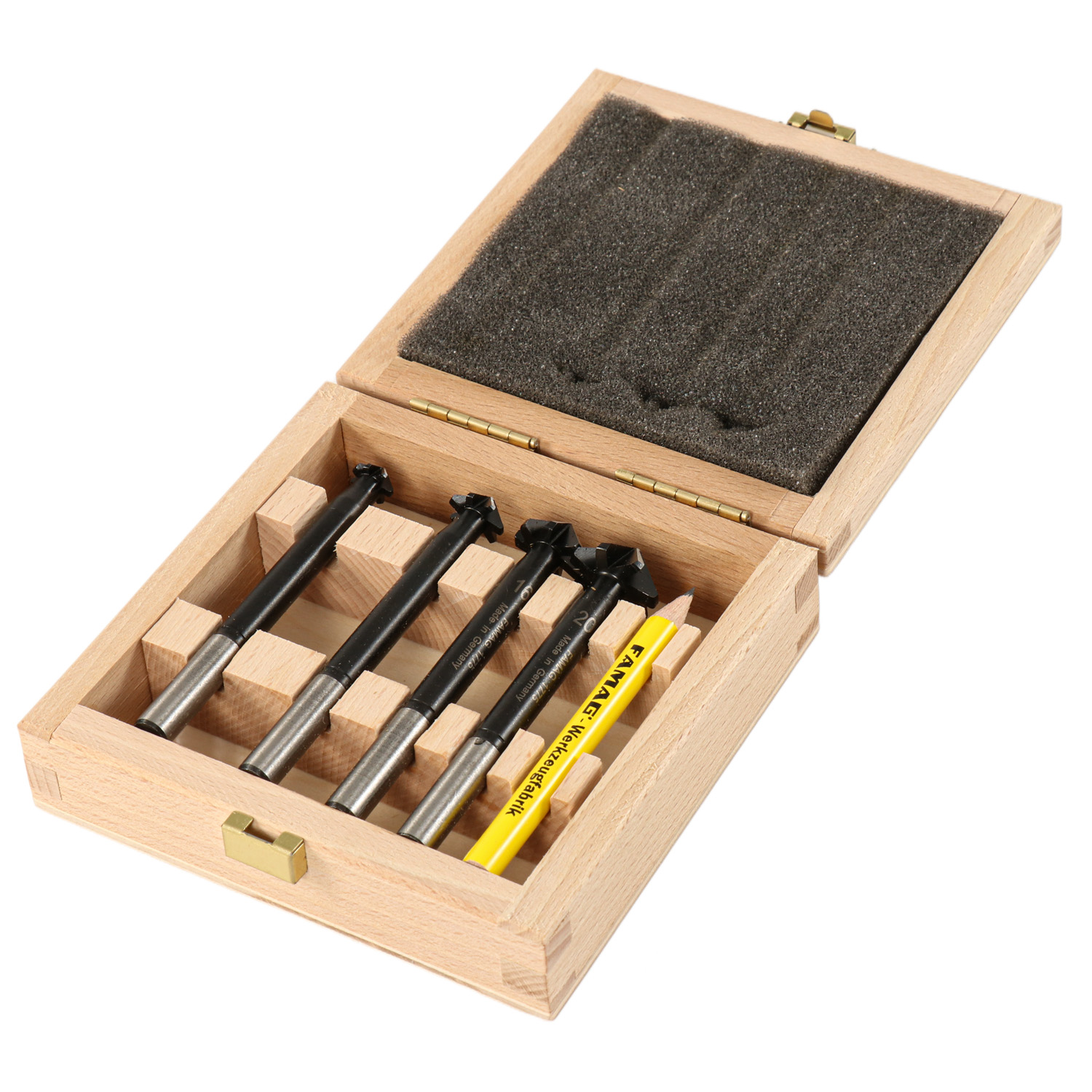FAMAG Krauskopf-Versenker-Satz 4-teilig, 10, 13, 16 und 20 mm, 90°, im Holzkasten mit Bleistift
