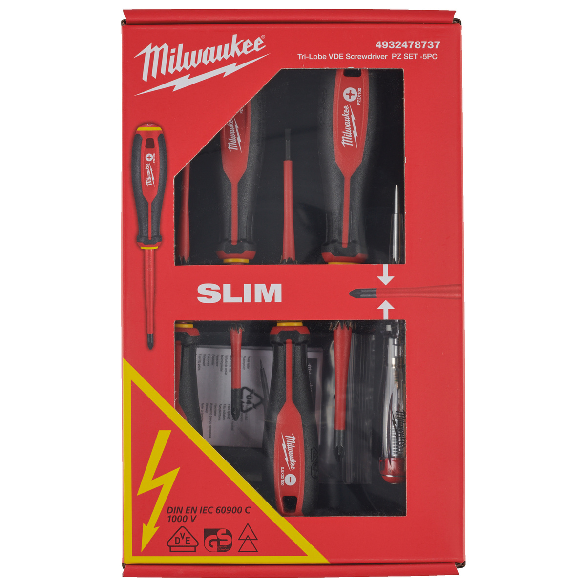 Milwaukee VDE-Schraubendreher-Set Tri-Lobe, 5-teilig, PZ1, PZ2, SL 3, SL 4 und Spannungsprüfer, bis 1000 V AC