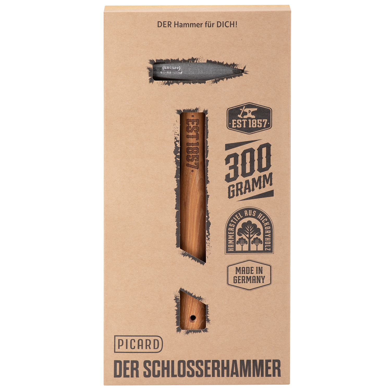 Picard Schlosserhammer EST 1857. 300 g. gewachster Hickorystiel. Lederschlaufe. in Geschenkverpackung