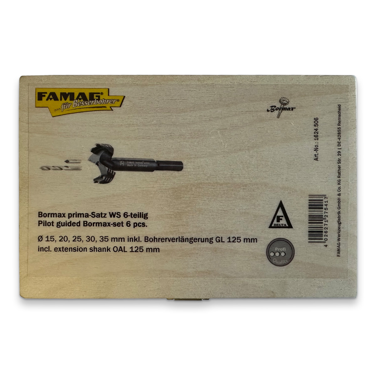 FAMAG Bormax WS prima Profi 15, 20, 25, 30, 35 mm inkl. Zentrierspitze, Vorbohrer 4 mm und Verlängerung