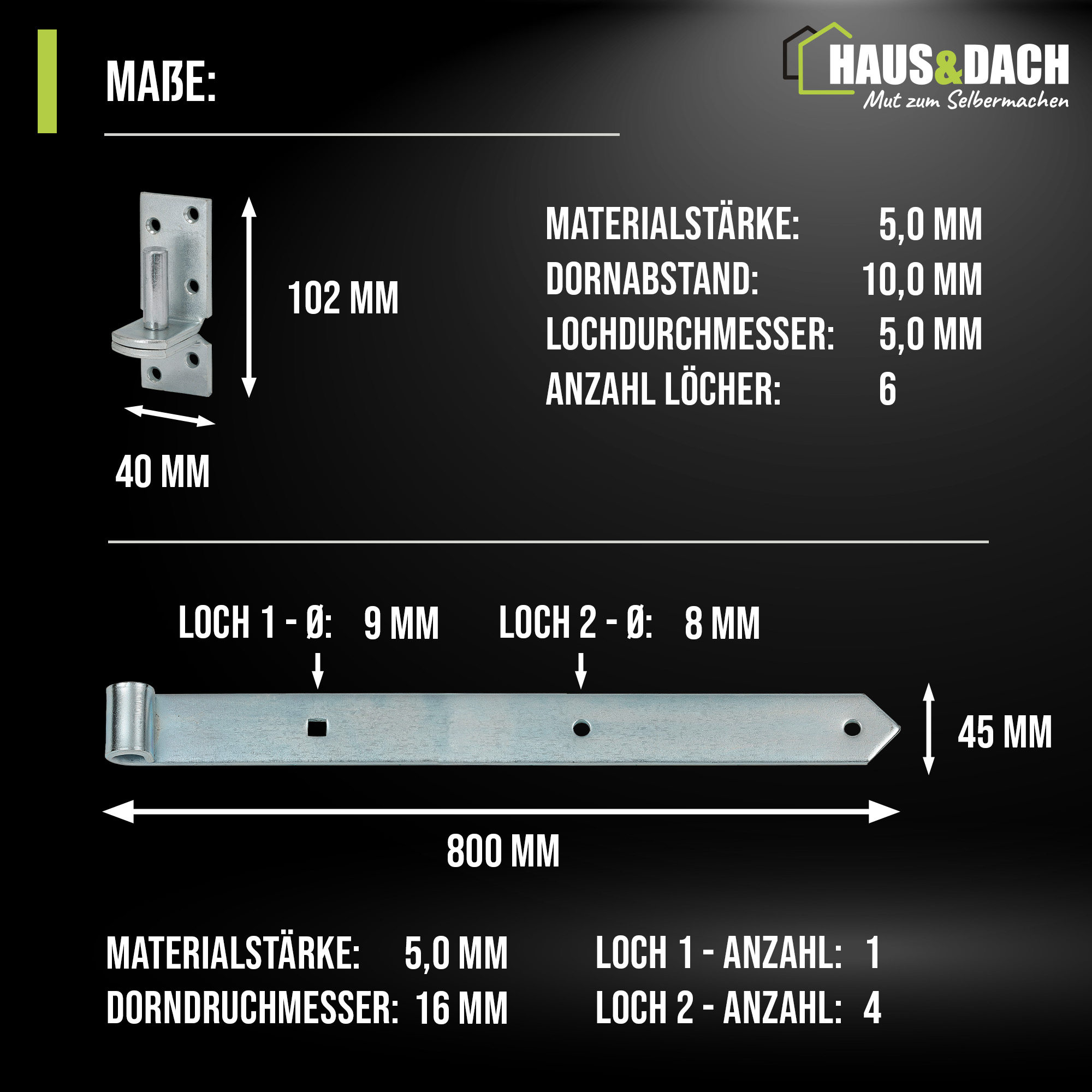 HAUS&DACH Ladenband Set 800 mm blau verzinkt - Torband / Türband für Gartentor & Holztor inkl. Kloben zum Anschrauben Ø 16 mm eng