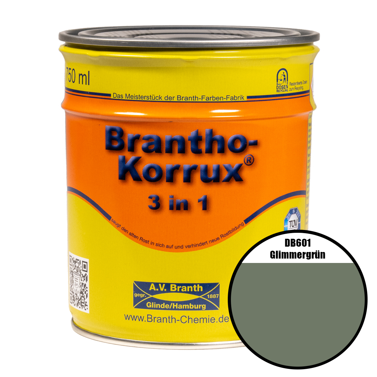 Brantho- Korrux "3 in 1" Metallschutzfarbe DB 601 glimmergrün 0,75 l Brantho- Korrux "3 in 1" Metallschutzfarbe DB 601 glimmergrün 0,75 l