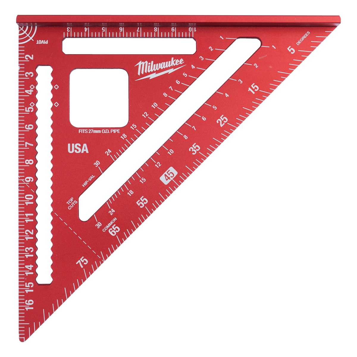 Milwaukee Anschlagwinkeldreieck, 18 cm, metrisch, lasermarkierte Skala, Kerben, Rohraussparung bis 25 mm