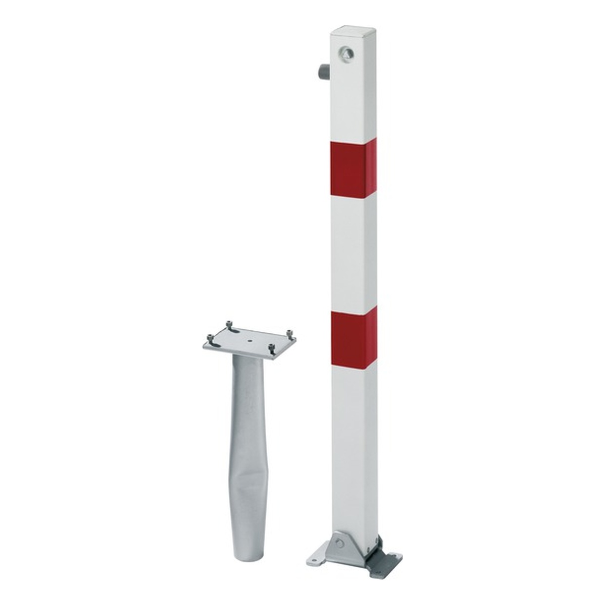 Alberts Absperrpfosten Klappy-Bo, eckig, umlegbar, 160 x 100 x 1400 mm, Stahl roh, feuerverzinkt, weiß kunststoffbeschichtet mit zwei roten, reflektierenden Ringen, ungleichschließendes Profilzylinderschloss mit drei Schlüsseln - 1 Stk. Alberts Absperrpfosten Klappy-Bo, eckig, umlegbar, 160 x 100 x 1400 mm, Stahl roh, feuerverzinkt, weiß kunststoffbeschichtet mit zwei roten, reflektierenden Ringen, ungleichschließendes Profilzylinderschloss mit drei Schlüsseln - 1 Stk.