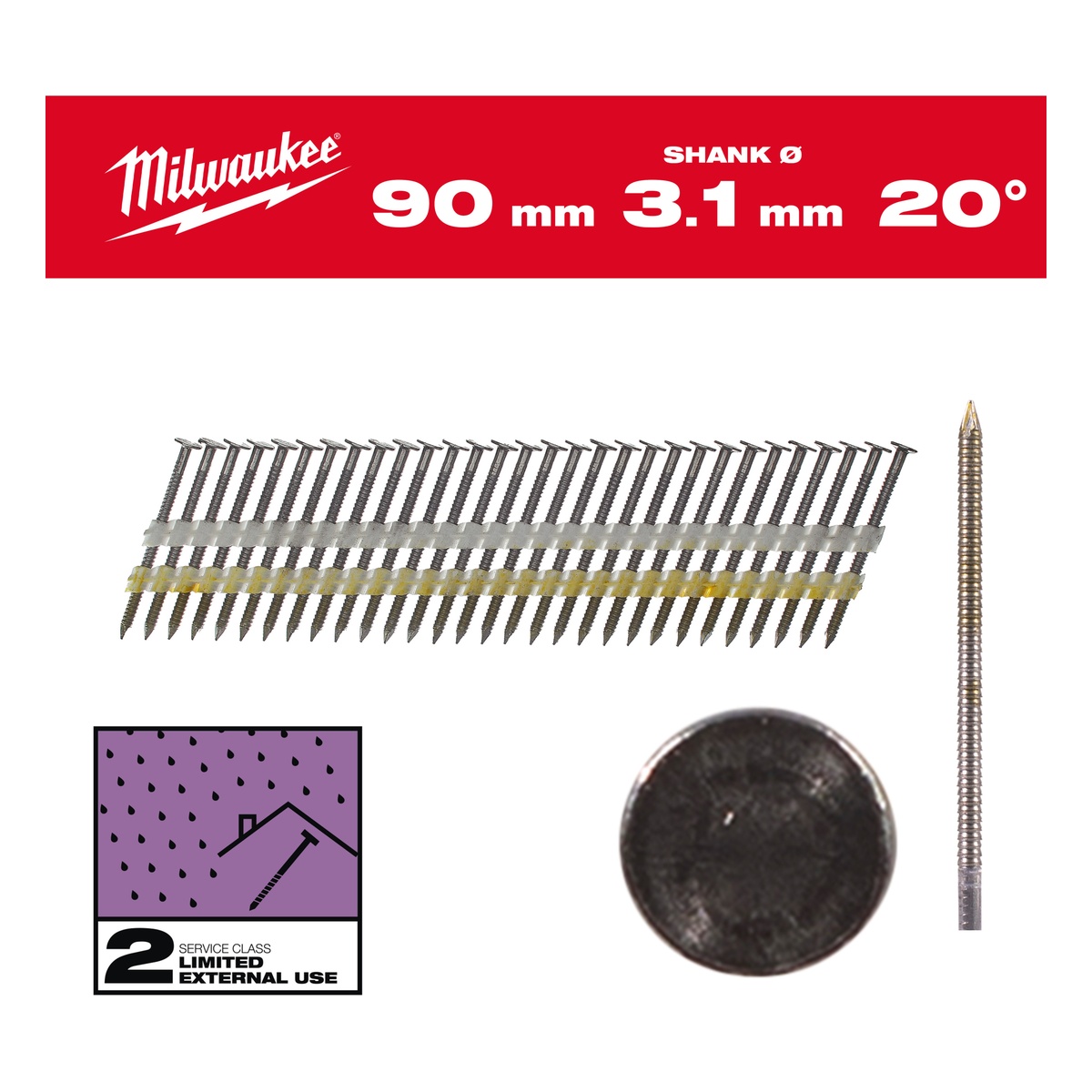 Milwaukee Rundkopf-Nägel für M18FFN21 7,4 x 3,1 x 90 mm, Ringschaft verzinkt, 20° - 1750 Stk. Milwaukee Rundkopf-Nägel für M18FFN21 7,4 x 3,1 x 90 mm, Ringschaft verzinkt, 20° - 1750 Stk.