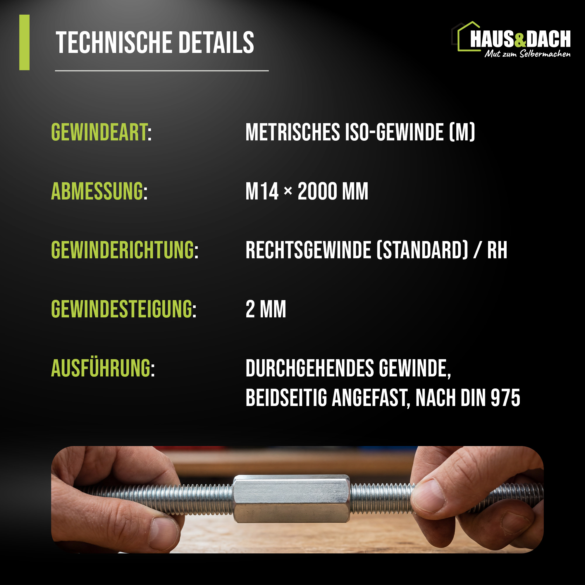 HAUS&DACH Gewindestange M14x2000 mm DIN 975 - Gewindestab für Montage, Bau & Befestigung, Stahl galvanisch verzinkt - 10 Stk.