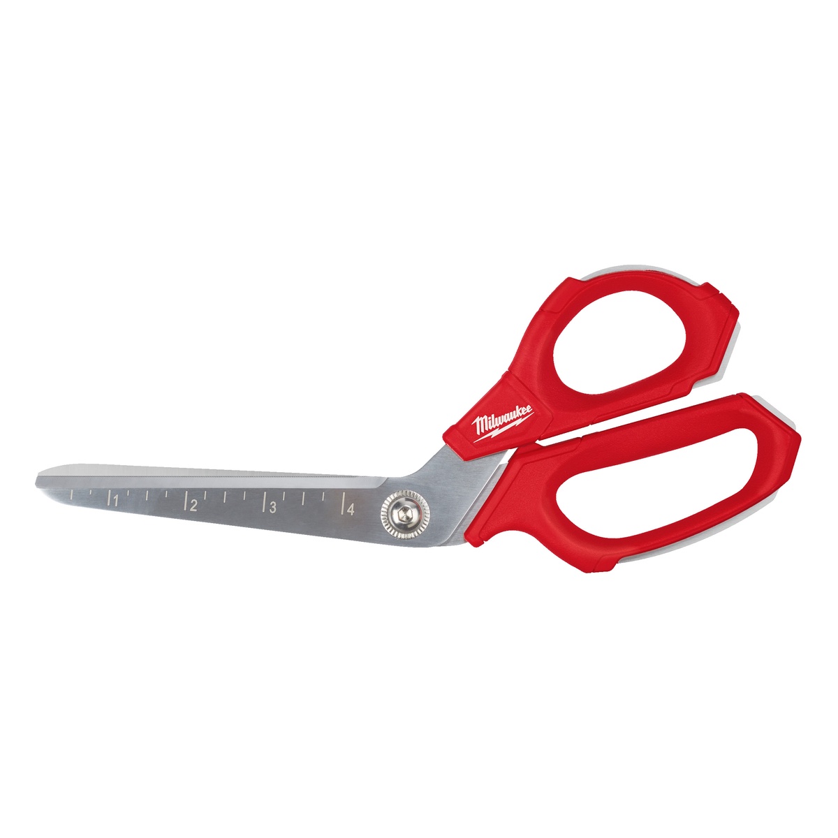 Milwaukee Arbeitsschere ergonomisch, Griff um 60° abgewinkelt, 240 mm, Eisenkarbid-Schneiden, mikroverzahnt, mit Skala