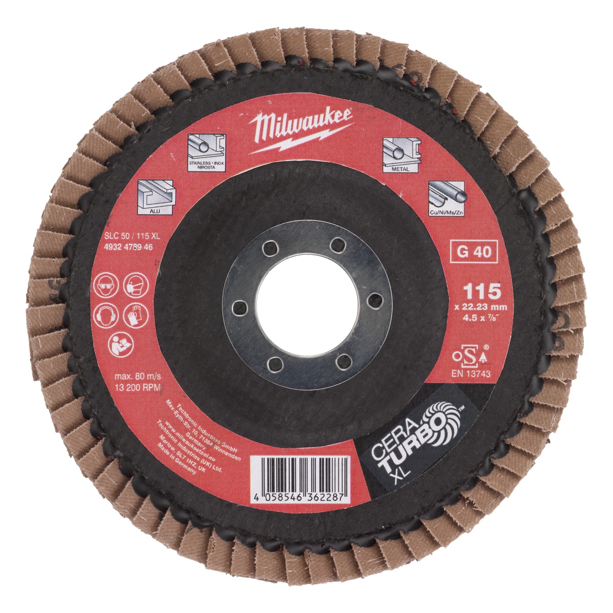 Milwaukee Fächerschleifscheibe 115 mm, Körnung 40, CERA TURBO XL, Keramikkorn, für Kehlnähte, Stahl und Edelstahl