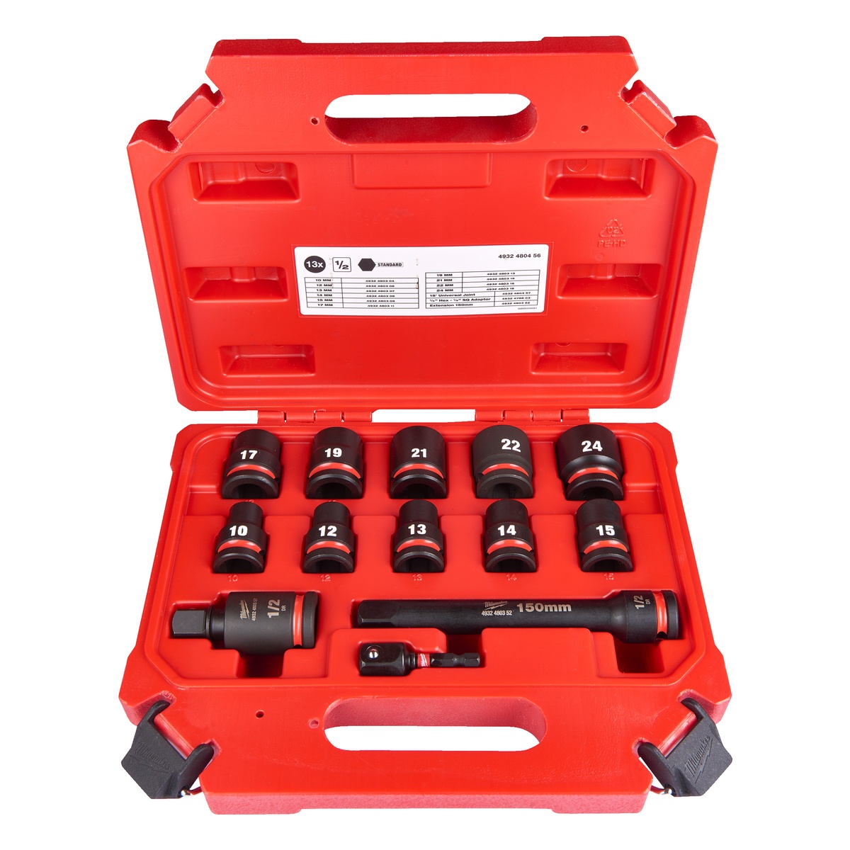 Milwaukee Schlagnuss-Satz 1/2 Zoll SW 10 bis 24 mm, SHOCKWAVE, kurz, mit Universalgelenk und Bitadapter, 13-teilig
