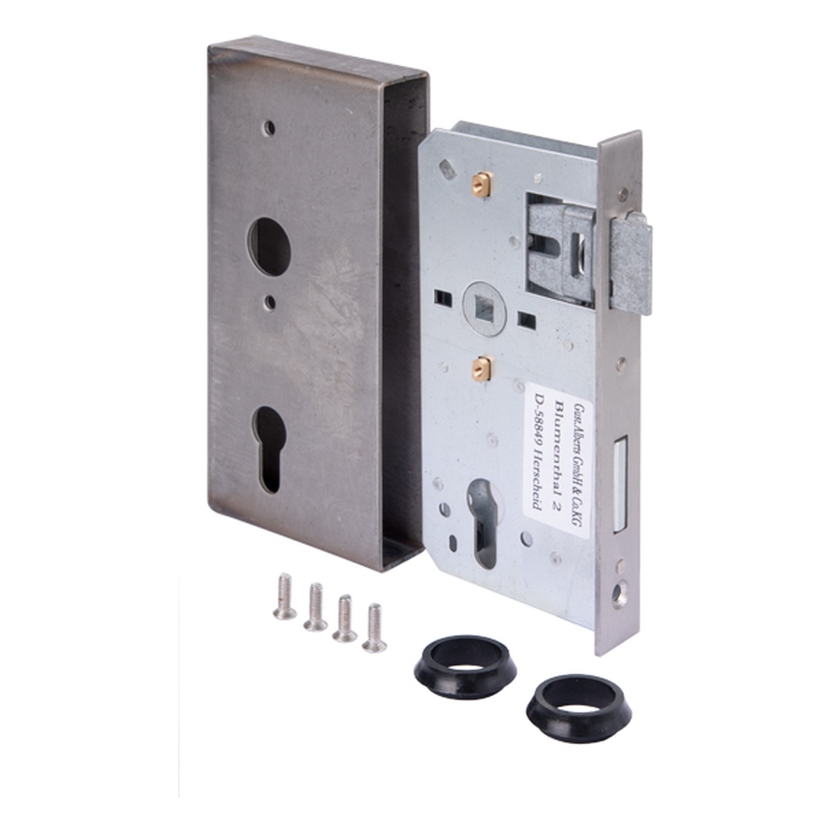 Alberts Schlosskasten mit verzinktem Schloss, 185 x 90 x 55 mm, Dornmaß 55 mm, Tiefe 30 mm, 1-tourig - 1 Stk. Alberts Schlosskasten mit verzinktem Schloss, 185 x 90 x 55 mm, Dornmaß 55 mm, Tiefe 30 mm, 1-tourig - 1 Stk.