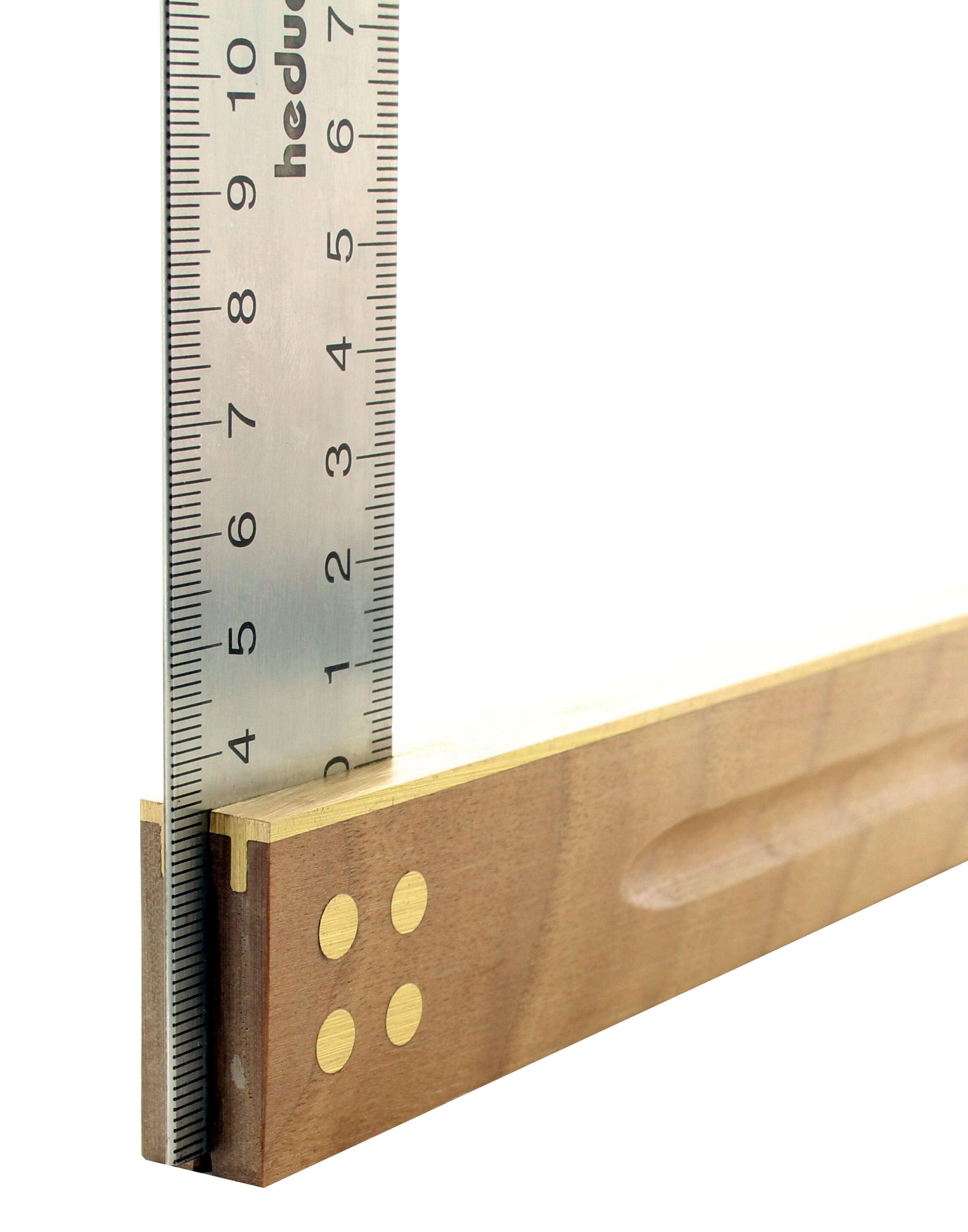 hedue Tischlerwinkel Nussbaum 400 mm, Edelstahlblatt 35 mm, kalibriert 0,06°, Messingbeschlag