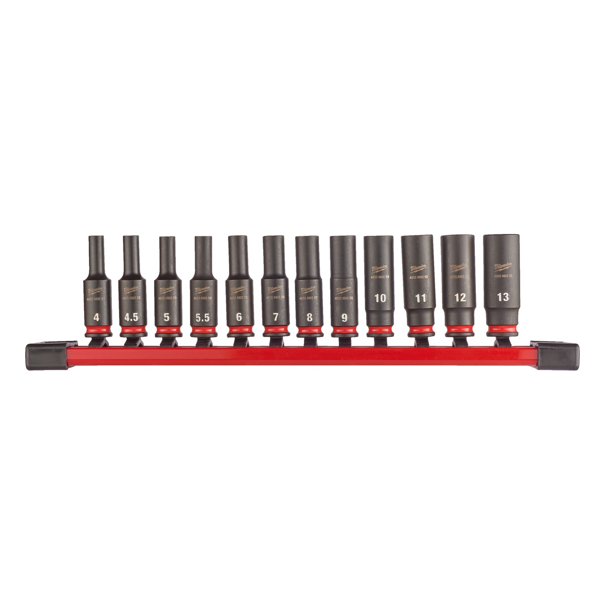 Milwaukee Schlagnuss-Satz 1/4 Zoll SW 4 bis 13 mm, SHOCKWAVE, lang, auf Schiene, 12-teilig
