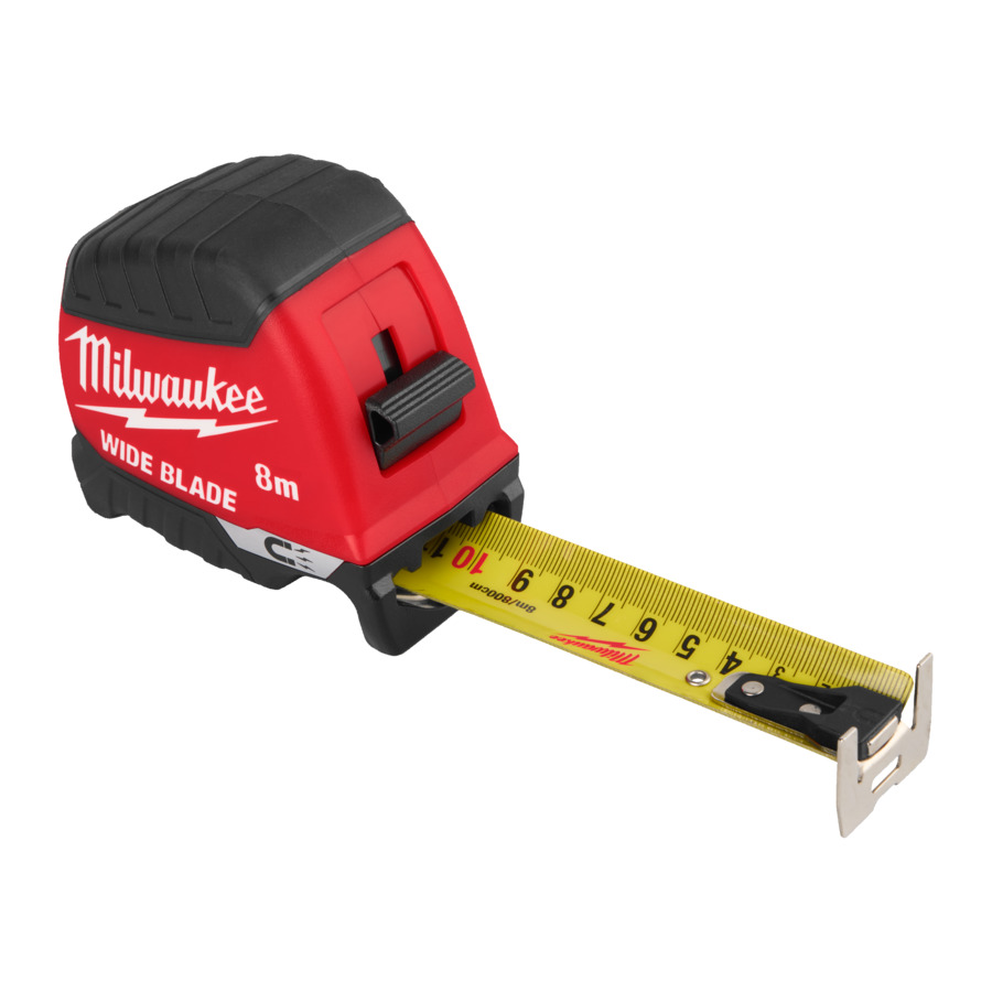 Milwaukee Bandmaß Premium Breit, 8 m, 35 mm Bandbreite, Magnethaken, selbsttragend bis 5 m, Nylon-Schutzschicht