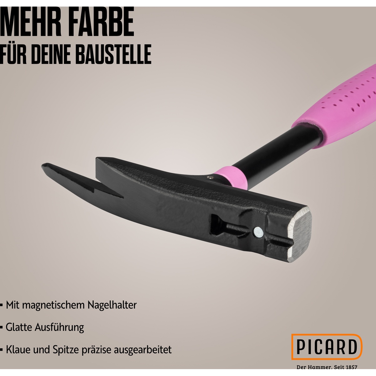 Picard Latthammer Nr. 626M Pink Edition, 600 g, glatte Bahn, Stahlrohrstiel, magnetischer Nagelhalter