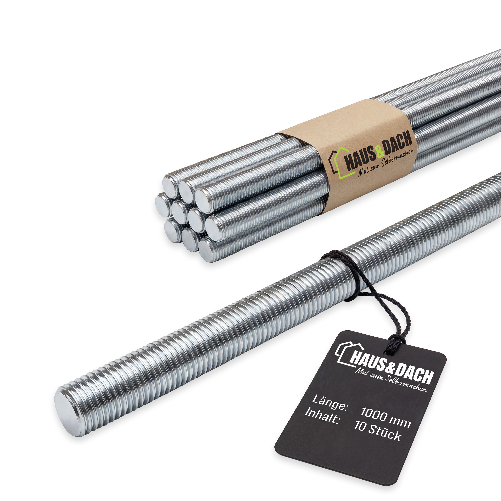 HAUS&DACH Gewindestange M12x1000 mm DIN 975 - Gewindestab für Montage, Bau & Befestigung, Stahl galvanisch verzinkt - 10 Stk.